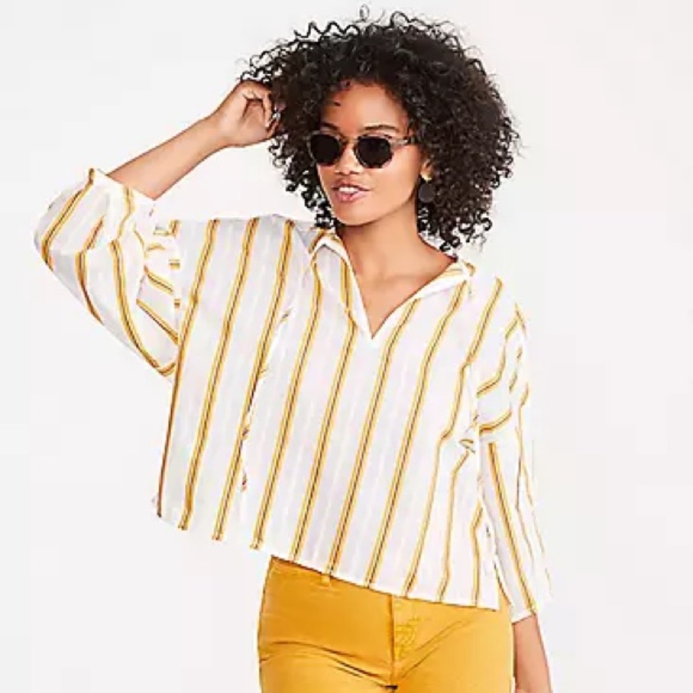 LOU & GREY Stripe Tie Neck Airy Cotton Top Blouse